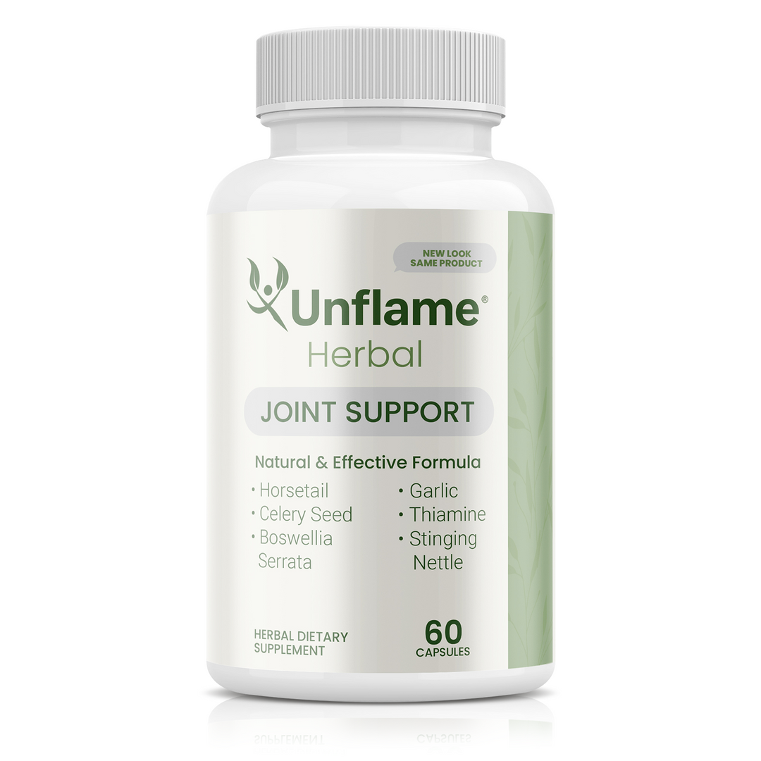 Unflame Herbal Joint Support supplement, 60 capsules in one bottle.