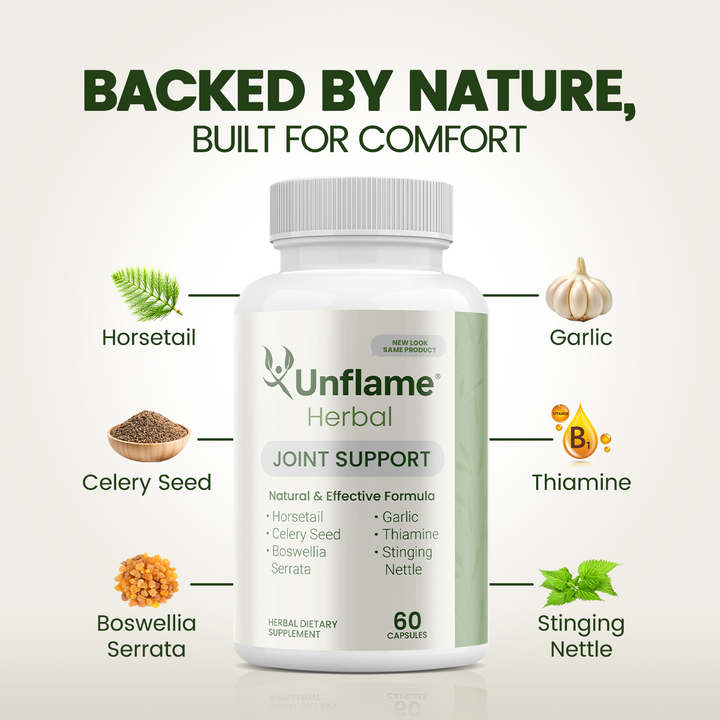 Unflame Herbal’s ingredients, i.e., horsetail, celery seed, Boswellia Serrata, garlic, thiamine, stinging nettle.