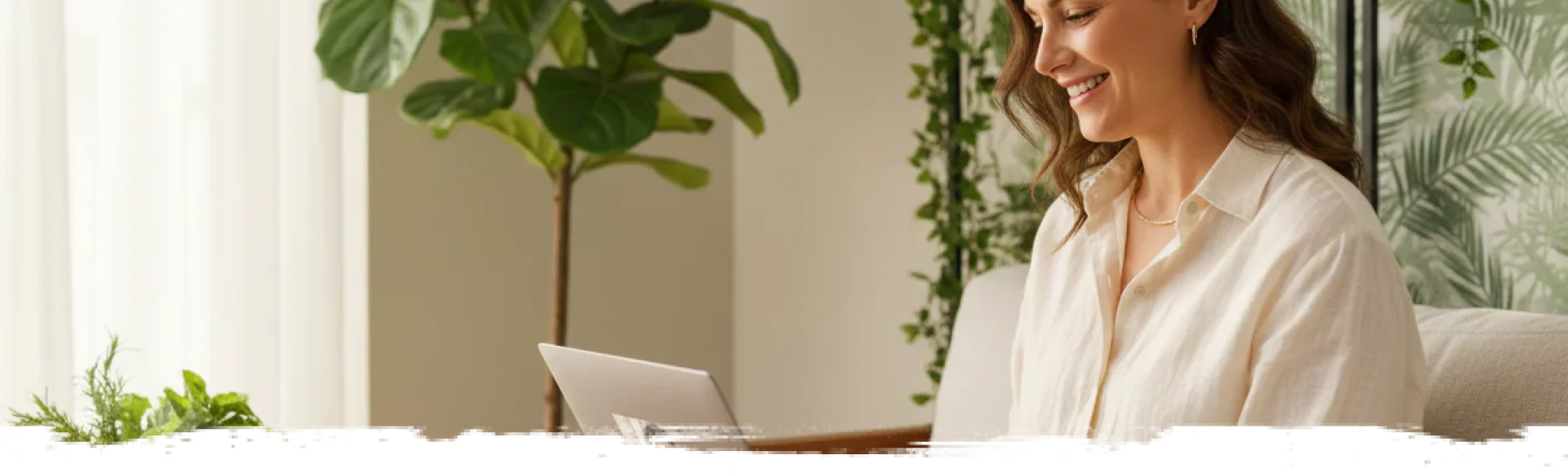 A woman in an ivory shirt smiling while working on a laptop.