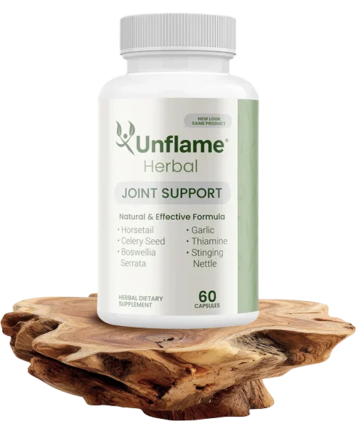 UnFlame Herbal Supplement placed over a rocky surface.